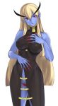  1girl black_dress blonde_hair blue_skin breasts covered_nipples demon_girl dress fingernails front_slit genderswap genderswap_(mtf) head_tilt highres impossible_clothes impossible_dress jedah_dohma large_breasts lipstick long_eyebrows long_fingernails long_hair lowleg lowleg_panties makeup midnight_bliss panties pointy_ears red_eyes red_nails red_panties sharp_fingernails sidelocks sleeveless sleeveless_dress slit_pupils solo tetsu_(kimuchi) thick_eyebrows underwear vampire_(game) very_long_hair 