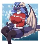 2019 anthro beverage big_breasts blush breasts christmas clothed clothing cup curvy_figure digital_drawing_(artwork) digital_media_(artwork) dragon female hair holding_object holidays horn huge_breasts legwear looking_at_viewer panties scalie shirt simple_background sitting smile solo stockings sweater thick_thighs thigh_highs topwear underwear voluptuous wide_hips wings ziggy_fox 