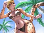  2017 5_fingers anthro bikini biped black_bottomwear black_clothing black_topwear blonde_hair blue_eyes blue_sky bottomwear bracelet breasts charlotte_(sapphire-emeraldbolt) cheetah claws clothed clothing day detailed_background digital_media_(artwork) felid feline female fingers front_view fully_clothed fur hair jewelry leaning leaning_forward looking_at_viewer looking_down low-angle_view mammal midriff multicolored_body navel nipple_outline outside pak009 palm_tree pinup pose raised_tail shaded short_hair sky soft_shading solo spots spotted_body spotted_fur swimwear tan_body tan_fur topwear tree 
