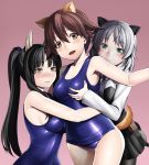  3girls animal_ears armpit_peek asashin_(kazami-tomo) blush breast_grab breasts brown_hair cat_ears commentary dog_ears dog_tail embarrassed grabbing green_eyes grey_hair hair_flaps hair_ribbon hattori_shizuka hug long_hair looking_at_another medium_breasts miyafuji_yoshika multiple_girls open_mouth pink_background ponytail ribbon sanya_v_litvyak short_hair sideboob simple_background strike_witches swimsuit tail world_witches_series yellow_eyes yuri 