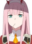  1girl bangs closed_mouth darling_in_the_franxx ddak5843 dress eyebrows_behind_hair food_in_mouth green_eyes hairband horns long_hair looking_at_viewer mouth_hold necktie orange_neckwear pink_hair red_dress short_necktie solo upper_body white_hairband zero_two_(darling_in_the_franxx) 