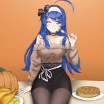  1girl ahoge alternate_costume apron azur_lane bangs bare_shoulders belfast_(azur_lane) belfast_(azur_lane)_(cosplay) belfast_(shopping_with_the_head_maid)_(azur_lane) blue_eyes blue_hair blush breasts chaesu chicken_(food) cleavage commentary cosplay detached_sleeves eating english_commentary eyebrows_visible_through_hair food fork hairband highres huge_ahoge long_hair looking_at_viewer maid_headdress medium_breasts orie_(under_night_in-birth) pancake pantyhose pumpkin skirt solo under_night_in-birth very_long_hair waffle white_hairband 