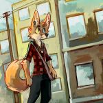  1:1 bah building canid canine ear_piercing ear_ring fox geckozen heterochromia jewelry kis_fox_(character) male mammal necklace piercing plaid_shirt transmission_tower 