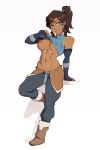  1girl arm_support arm_warmers avatar_(series) blue_eyes blush boots breasts breasts_outside brown_hair dark_skin highres korra medium_breasts naughty_face navel nipples no_bra owler pants ponytail self_exposure smile solo standing standing_on_one_leg the_legend_of_korra toned white_background 