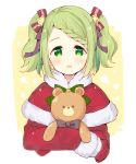  1girl bangs black_bow blush bow capelet cropped_torso dress eyebrows_visible_through_hair fur-trimmed_capelet fur-trimmed_sleeves fur_trim green_bow green_eyes green_hair hair_bow hair_ornament long_sleeves looking_at_viewer meito_(maze) mittens morinaka_kazaki nijisanji object_hug parted_lips red_bow red_capelet red_dress red_mittens santa_costume sidelocks smile solo star star_hair_ornament striped striped_bow stuffed_animal stuffed_toy swept_bangs teddy_bear twintails upper_body virtual_youtuber 
