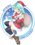  1girl belt black_footwear detached_sleeves gloves hair_between_eyes hat highres holding holding_sack merry_christmas pandora_(rockman) red_eyes rockman rockman_zx sack santa_costume santa_hat shoutaro_saito smile snowflakes solo thighhighs tongue tongue_out white_gloves zettai_ryouiki 