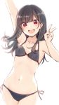  1girl armpits arms_up bangs bare_shoulders bikini black_bikini black_hair black_ribbon blush collarbone commentary_request cowboy_shot eyebrows_visible_through_hair flat_chest hair_ornament hairclip highres long_hair looking_at_viewer nagami_yuu navel original red_eyes ribbon round_teeth side-tie_bikini simple_background solo stomach swimsuit teeth upper_teeth v white_background 