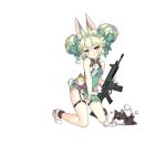  1girl :q animal_ear_fluff animal_ears ankleband art556_(girls_frontline) bangs bare_arms bare_legs bare_shoulders black_panties blush bow brown_eyes china_dress chinese_clothes cleavage_cutout covering covering_crotch double_bun dress dress_tug eyebrows_visible_through_hair flat_chest garter_straps girls_frontline green_bow green_dress green_hair gun hair_bow head_tilt holding holding_gun holding_weapon kneeling looking_at_viewer mouth official_art one_breast_out panties rifle saru shoes skirt smile solo string_panties stuffed_animal stuffed_cat stuffed_dog stuffed_toy taurus_art556 thigh_strap tongue tongue_out torn_bow torn_clothes torn_dress torn_skirt transparent_background underwear weapon white_bow white_footwear 