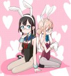  2girls ahoge animal_ears arm_support black_leotard blue_eyes bow bowtie bunny_ears bunny_girl bunny_tail bunnysuit detached_collar fake_animal_ears glasses hair_bun hand_on_own_chin heart kantai_collection leotard makigumo_(kantai_collection) multiple_girls ooyodo_(kantai_collection) pantyhose pink_background red_leotard sitting sleeves_past_fingers sleeves_past_wrists strapless strapless_leotard suzushiro_seri sweatdrop tail wrist_cuffs yellow_eyes yokozuwari 