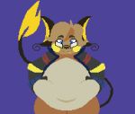  2019 animated belly belly_jiggle bottomless clothed clothing coat cute_fangs digital_media_(artwork) eyewear glasses gloves handwear loop male navel nintendo obese open_coat overweight pixel_(artwork) pixel_animation pok&eacute;mon pok&eacute;mon_(species) purple_background raichu ribbonfurl simple_background solo topwear video_games 