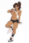 arm_support avatar:_the_last_airbender avatar_(series) bike_shorts blue_eyes blush breasts breasts_outside brown_hair dark_skin highres korra medium_breasts naughty_face navel nipples owler ponytail self_exposure shoes smile sneakers sweater tank_top the_legend_of_korra thighs toned white_background white_tank_top wristband 