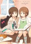  2girls :d animal bangs bare_shoulders blush book brown_eyes brown_hair brown_shorts cat closed_mouth collarbone commentary_request couch cup curtains dress english_text eyebrows_visible_through_hair food fork green_camisole green_dress grey_jacket grey_legwear hair_ribbon highres indoors jacket kyuri long_hair looking_at_another looking_at_viewer mug multiple_girls no_shoes off_shoulder on_couch open_book open_clothes open_jacket open_mouth original pillow red_ribbon ribbon shirt short_shorts short_sleeves shorts sitting sketch sleeveless sleeveless_dress smile socks striped striped_legwear table very_long_hair white_cat white_shirt window 