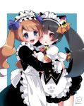  2girls alternate_costume alternate_hairstyle animal_ears apron artist_name ashley_(warioware) back_bow bangs bell black_dress black_hair blue_background blue_bow blue_eyes blush bow bowtie breasts brown_hair cat_ears cat_tail commentary_request dress enmaided eyebrows_visible_through_hair frills hair_bow hair_ornament happy herunia_kokuoji highres hug jingle_bell long_hair long_sleeves looking_at_viewer maid maid_apron maid_headdress medium_breasts mona_(warioware) multiple_girls neck_bell one_eye_closed open_mouth orange_bow paw_print puffy_short_sleeves puffy_sleeves red_eyes red_neckwear shiny shiny_hair short_sleeves signature simple_background skull skull_hair_ornament smile standing tail tail_bow teeth tied_hair twintails twitter_username two-tone_background warioware 