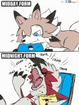  2016 ambiguous_gender blue_eyes bowl brown_body brown_fur canid canine digital_media_(artwork) eating english_text feral food food_bowl fur lycanroc mammal midday_lycanroc midnight_lycanroc multicolored_body multicolored_fur nintendo open_mouth pok&eacute;mon pok&eacute;mon_(species) red_body red_fur simple_background teeth text tongue video_games white_background white_body white_fur winick-lim 