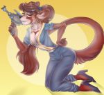  2017 5_fingers anthro bethesda_softworks breasts brwn_hair cleavage clothed clothing digital_media_(artwork) eyebrows eyelashes fallout female fingers gimka gun holding_object holding_weapon looking_at_viewer mammal pinup pose ranged_weapon simple_background smile solo unknown_species video_games weapon 