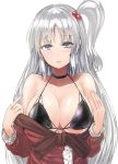  1girl bangs bare_shoulders bikini bikini_under_clothes black_bikini black_choker blush breasts choker cleavage collarbone commentary_request dress eyebrows_visible_through_hair hair_bobbles hair_ornament highres large_breasts long_hair long_sleeves looking_at_viewer off_shoulder one_side_up parted_lips red_dress shinki silver_hair simple_background solo swimsuit touhou touhou_(pc-98) undressing upper_body very_long_hair white_background y2 