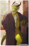 anthro artdecade belly_hair body_hair bottomless chest_hair clothed clothing dragon green_body happy_trail horn male scalie smile solo suggestive 