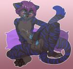  2018 4_toes 5_fingers anthro balls black_body black_fur blue_penis blue_stripes digital_media_(artwork) felid fingers fur gimka hair hi_res male mammal pantherine penis purple_eyes purple_hair solo stripes tiger toes 