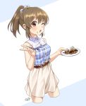  1girl bare_shoulders belt blush breath brown_hair collared_shirt commentary_request cowboy_shot cropped_legs eating eyebrows_visible_through_hair food food_on_face hair_bobbles hair_ornament high-waist_skirt high_ponytail holding holding_plate hori_yuuko idolmaster idolmaster_cinderella_girls long_hair looking_at_viewer one_eye_closed plaid plate ponytail red_eyes shirt signature skirt sleeveless sleeveless_shirt solo spork takoyaki two-tone_background tyuga v 