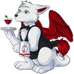  1:1 beverage bottomless bow_tie canid canine clothed clothing fox low_res male mammal mouthless rakete semi-anthro serving_tray solo topwear towel vest wings 