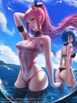  2girls armband ass bikini bird black_bikini blue_sky blush breasts candy choker cleavage cloud covered_navel d-han darling_in_the_franxx food green_eyes groin hand_in_hair highres horns ichigo_(darling_in_the_franxx) lace lace_choker lips lollipop long_hair looking_at_viewer medium_breasts multiple_girls ocean one-piece_swimsuit pink_hair ponytail short_hair sky swimsuit swimsuit_under_swimsuit teeth thighhighs wading water wet zero_two_(darling_in_the_franxx) 