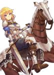  1girl :&lt; armor armored_boots blonde_hair blue_eyes boots fantasy highres holding holding_reins holding_sword holding_weapon horse horseback_riding kibanda_gohan knight looking_down medium_hair onna_kishi_(maoyuu) original reins riding solo stabbing sword weapon white_background 