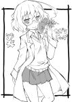 1girl ahoge blush closed_mouth commentary_request copyright_name eyebrows_visible_through_hair frame glasses greyscale hand_up heart holding kagaku_chop labcoat looking_at_viewer messy_hair monochrome pleated_skirt school_uniform short_hair simple_background skirt smile solo standing suzuzono_sai sweater_vest translation_request valentine white_background zubatto_(makoto) 