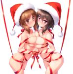  2girls blush breasts brown_eyes brown_hair christmas cleavage closed_mouth collarbone eyebrows_visible_through_hair gift_wrapping girls_und_panzer groin hat highres holding_hands kuzuryuu_kennosuke large_breasts looking_at_viewer looking_to_the_side multiple_girls navel nishizumi_maho nishizumi_miho nude open_mouth santa_hat shiny shiny_skin short_hair siblings simple_background sisters skindentation smile standing upper_body white_background 