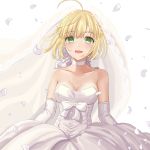  1girl ahoge artoria_pendragon_(all) bangs bare_shoulders blonde_hair breasts bridal_veil commentary_request dress eyebrows_visible_through_hair fate/grand_order fate_(series) gloves green_eyes leaf looking_at_viewer medium_breasts open_mouth saber sakurasakimasu4 smile solo veil wedding_dress white_gloves 
