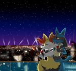  2014 alcohol ambiguous_gender anthro beverage blush braixen canid canine city cityscape digital_media_(artwork) duo female holding_glass holding_object lucario mammal night nintendo outside photo_background pok&eacute;mon pok&eacute;mon_(species) romantic_ambiance standing video_games wine winick-lim 