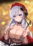 1girl absurdres aran_sweater azur_lane bag bare_shoulders belfast_(azur_lane) belfast_(shopping_with_the_head_maid)_(azur_lane) beret black_skirt blurry bokeh bow breasts brown_sweater choker cleavage collarbone depth_of_field earrings food hair_bow hands_up hat high-waist_skirt highres holding holding_food hoop_earrings jewelry jjeono large_breasts long_hair long_sleeves looking_at_viewer nail_polish off-shoulder_sweater off_shoulder pink_nails pocky purple_eyes red_headwear shawl shopping_bag skirt smile solo sweater upper_body white_hair 