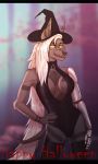  2019 absurd_res anthro bodysuit canid canine canis charlotte_hollowfang clothed clothing cybernetics female hair hand_on_hip hat headgear headwear hi_res jackal legwear long_hair looking_at_viewer machine mammal robot_arm shaded skinsuit solo standing thigh_highs tight_clothing witch_hat zumjakal 