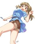  1girl :o ass bare_legs belt blush brown_eyes brown_hair earrings eyebrows_visible_through_hair feet_out_of_frame from_below hair_tie high_ponytail holding_spork hori_yuuko idolmaster idolmaster_cinderella_girls jewelry long_hair looking_at_viewer necklace open_mouth ponytail shirt short_shorts shorts signature simple_background sleeves_rolled_up solo spork striped striped_shirt stud_earrings sweatdrop tyuga v-shaped_eyebrows vertical-striped_shirt vertical_stripes white_background 