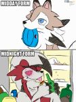  2016 alcohol ambiguous_gender anthro beverage black_claws bottle bowl canid canine claws colored_sketch comic digital_media_(artwork) drunk eating egg english_text feral food food_bowl fridge fur glowing glowing_eyes holding_bottle holding_food holding_object humor lycanroc mammal midday_lycanroc midnight_lycanroc multicolored_body multicolored_fur nintendo pok&eacute;mon pok&eacute;mon_(species) signature solo substance_intoxication text tongue tongue_out video_games winick-lim 