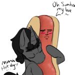  1:1 alpha_channel black_hair blush dialogue duo embrace english_text equid eyes_closed featureless_arms feral food food_creature friendship_is_magic grey_body hair hi_res horn hot_dog king_sombra_(mlp) lol_comments male mammal my_little_pony romantic_couple ryuokowolf simple_background text transparent_background unicorn what why yaranaika 