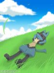  3_toes ambiguous_gender anthro blue_sky canid canine cloud day digital_media_(artwork) eyes_closed fur grass lucario lying mammal nintendo on_back outside pok&eacute;mon pok&eacute;mon_(species) semi-anthro sky solo spikes toes video_games winick-lim 