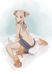  1girl abigail_williams_(fate/grand_order) absurdres alaudikyoya ass bangs bare_shoulders black_bow blonde_hair blue_eyes bow commentary_request double_bun fate/grand_order fate_(series) from_behind hair_bow highres meme_attire orange_bow parted_bangs pillow polka_dot polka_dot_bow sitting solo stuffed_animal stuffed_toy teddy_bear virgin_killer_sweater 