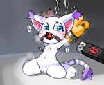  anthro ball_gag bodily_fluids censored chain computer_virus digimon digimon_(species) female gag gatomon hi_res japanese_text mosaic_censorship nipples pussy semi-anthro solo sweat text usb_drive 