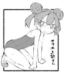  1girl bangs closed_mouth double_bun eyebrows_visible_through_hair fang frame full_body greyscale kneeling monochrome one-piece_swimsuit school_swimsuit shoes simple_background sleeveless socks solo sweat swimsuit translation_request twintails ueno-san_wa_bukiyou ueno_(ueno-san_wa_bukiyou) white_background zubatto_(makoto) 