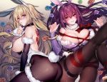  2girls animal_ears ass blonde_hair blush bunny_ears bunnygirl fate/grand_order fate_(series) jeanne_d&#039;arc_(fate) long_hair ponytail purple_eyes purple_hair red_eyes ribbons scathach_(fate/grand_order) tail tattoo xin_(moehime) 