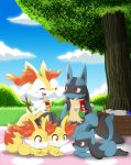  2015 ambiguous_gender anthro beverage blue_sky blush braixen canid canine child cub day digital_media_(artwork) dipstick_tail drinking family father female fennekin feral food fur grass group happy inner_ear_fluff lucario lying male mammal married mother mother_and_father multicolored_tail nintendo on_front open_mouth open_smile parent picnic pok&eacute;mon pok&eacute;mon_(species) red_eyes riolu romantic_couple semi-anthro sitting sky smile tree tuft video_games winick-lim young 