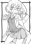  1girl ahoge arms_behind_back blush closed_mouth commentary_request copyright_name eyebrows_visible_through_hair frame glasses greyscale hammer holding kagaku_chop labcoat messy_hair monochrome pleated_skirt school_uniform short_hair simple_background skirt smile solo standing suzuzono_sai sweater_vest translation_request white_background zubatto_(makoto) 