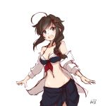  1girl :d bare_shoulders bikini_top blue_eyes braid breasts brown_hair clothes_down eyebrows_visible_through_hair hair_flaps hair_ornament hair_ribbon highres kantai_collection navel neve open_clothes open_mouth open_shirt remodel_(kantai_collection) ribbon shigure_(kantai_collection) simple_background smile tied_skirt white_background 