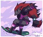  2019 4_fingers absurd_res anthro border clothing fingerless_gloves fingers fur gloves grey_body grey_fur handwear hi_res looking_at_viewer megawolf77 nintendo pink_clothing pink_gloves pok&eacute;mon pok&eacute;mon_(species) smile snowboard snowboarding solo video_games white_border zoroark 