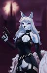  2018 anthro bad_trigger_discipline belt black_clothing black_topwear breasts clothing felid feline female gun hi_res holding_object holding_weapon mammal purple_eyes ranged_weapon sleepyhelen solo standing topwear weapon 