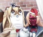  avengers blonde_hair bokukawauso crown dress fur-trimmed_hat fur_trim hat highres jervis_(kantai_collection) kantai_collection long_hair mini_crown parody pun red_headwear sailor_collar sailor_dress santa_hat smile stuffed_animal stuffed_toy tk8d32 vision_(marvel) warspite_(kantai_collection) 