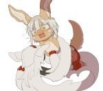  2others @_@ androgynous black_fur blush breast_poke brown_fur faputa furry kawasemi27 long_hair made_in_abyss multiple_others nanachi_(made_in_abyss) open_mouth pants poking red_pants short_hair simple_background white_background white_hair yellow_eyes 
