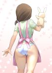  1girl apron arm_up ass brown_hair commentary_request from_behind hand_puppet idolmaster idolmaster_cinderella_girls long_hair mitarashi_kousei mochida_arisa no_pants panties pink_apron ponytail puppet shirt short_sleeves simple_background solo thighs underwear white_background white_panties white_shirt 