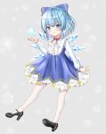  1girl :3 absurdres adapted_costume arm_up black_footwear blue_dress blue_eyes blue_hair blush bow cirno commentary_request dress embroidered_dress eyebrows_visible_through_hair full_body grey_background hair_between_eyes hair_bow half_updo high_heels highres ice lace lace_legwear layered_dress long_sleeves looking_at_viewer nyanyanoruru partial_commentary pinafore_dress shirt simple_background smile snowflake_background snowflakes solo touhou white_legwear white_shirt wings 