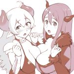  2girls asymmetrical_docking breast_press breasts choker cleavage commentary_request crossover demon_girl dress fur_trim horns huge_breasts large_breasts long_hair looking_at_viewer maou_(maoyuu) maoyuu_maou_yuusha multiple_girls open_mouth red_eyes red_hair simple_background symmetrical_docking ueyama_michirou white_background yuusha_to_maou_no_rabu_kome 